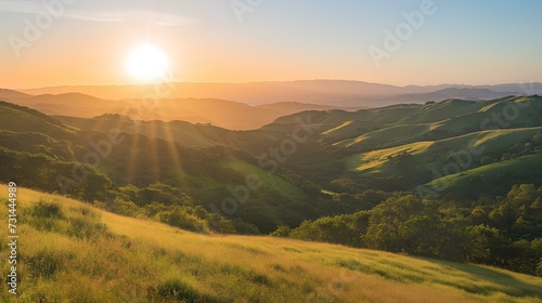 The moment the morning sun rises above the beautiful scenery of mountains, hills and pastures. generative AI