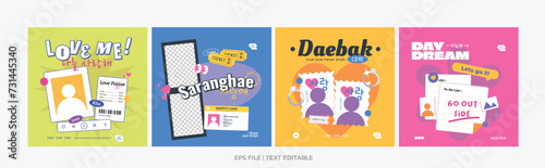 Korea cute colorful post and story social media template with hangeul text meaning love me, love you, wow, and daydream.