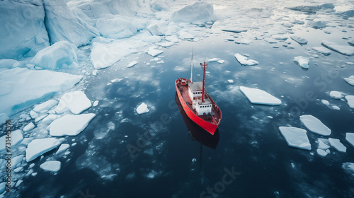 Illustration of  Single red fishing boat in the middle of floating ice in sea. Generative AI image.