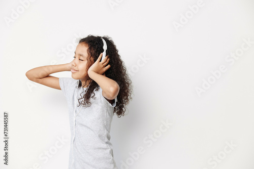 Children background listen earphones childhood music young audio background girl cute sound little girl