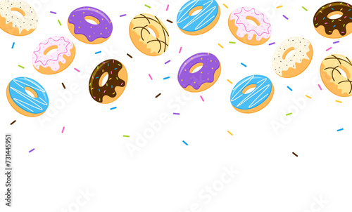 Cute colorful donuts falling with sprinkles border decoration flat illustration vector