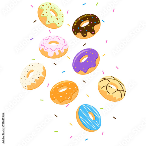 Glazed donuts falling with sprinkles flat illustration vector