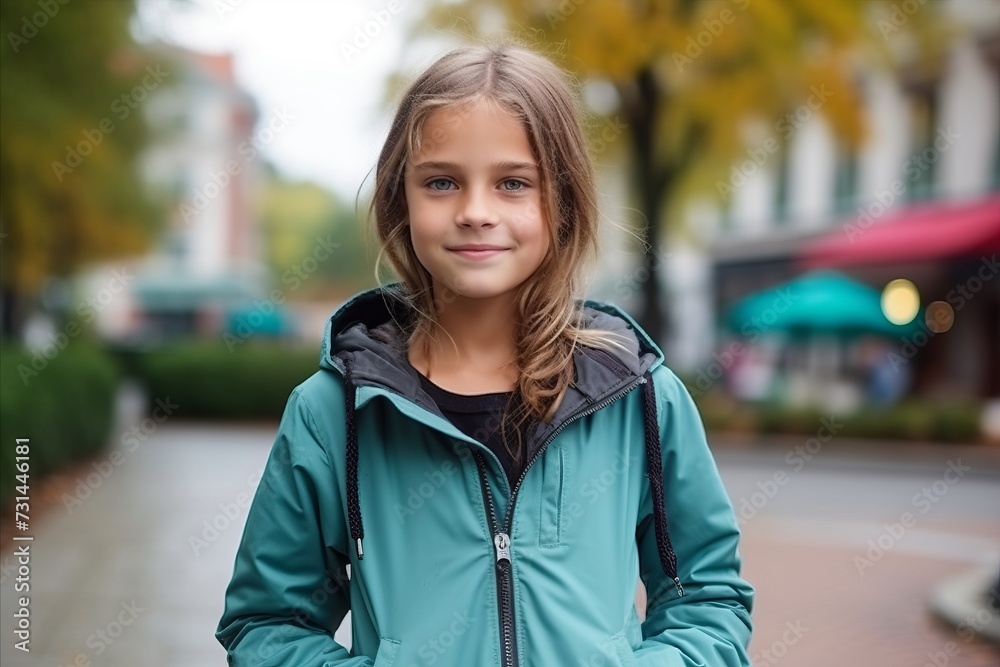 Portrait of a beautiful little girl with long hair in a blue jacket