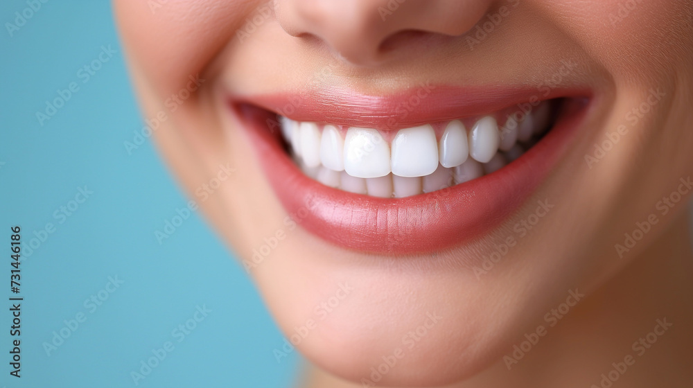 Obraz premium beautiful woman smiling with perfect white teeth on blue background. Dental photo, dentistry illustration 