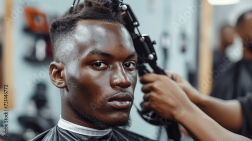 Barber trims hair with clipper on young unshaven black man in barbershop studio. Professional hairdresser cut hair with electric shearer machine on African guy. photo