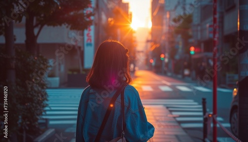 Colorful street photo of beautiful morning streets in the rays of the rising sun photo