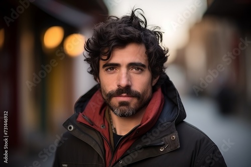 Portrait of a handsome young man with long curly hair and beard, wearing a black jacket and red scarf.