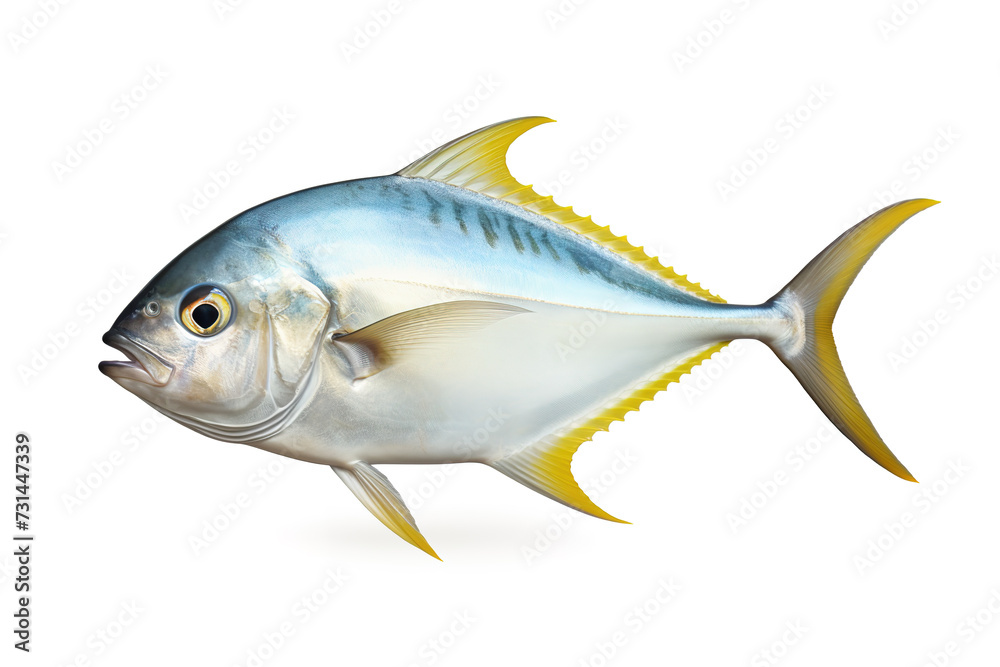 Fototapeta premium Image of a gylden pompano fish isolated on white background. Fresh fish. Underwater animals. Generative AI.