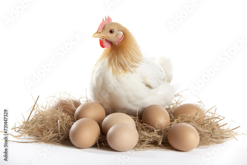Image of mother hen is incubating eggs on white background. Farm animals. Generative AI.