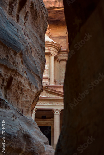 View of the Treasury of Petra from the entrance canyon  Wadi Musa  Jordan.