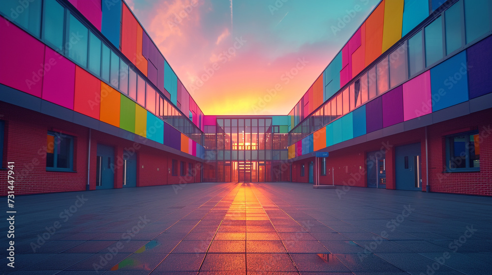 Exterior of a modern school building, colorful, brick, inviting ...