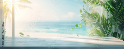 Beautiful scenery: empty white wooden table with  tropical beach view, blurred bokeh out of open window, product display, defocus bokeh, blurred background sea with sunlight. product display template © ND STOCK
