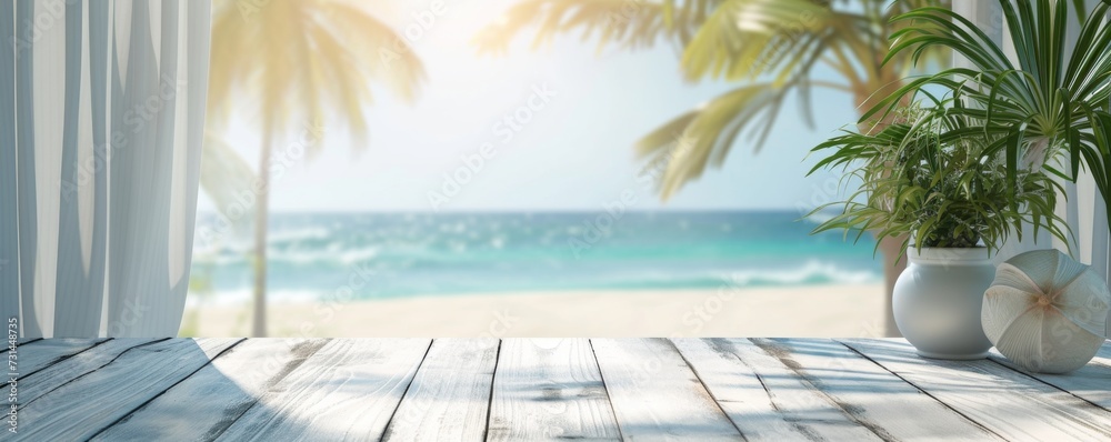 Beautiful scenery: empty white wooden table with  tropical beach view, blurred bokeh out of open window, product display, defocus bokeh, blurred background sea with sunlight. product display template