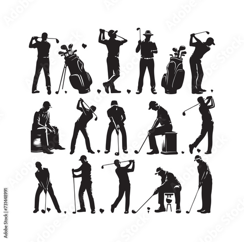 Golf player and icon silhouettes vector illustration set