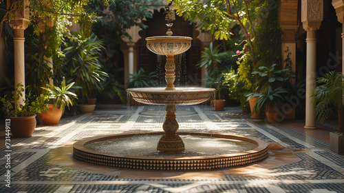 A mosaic fountain in the center of the courtyard trickles softly, its soothing sound echoing through the sun-dappled space. photo