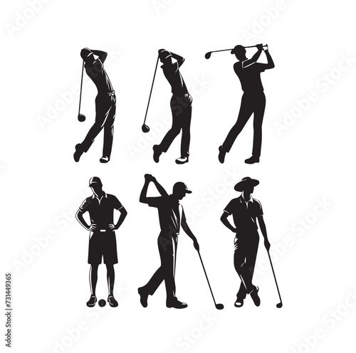 Golf player and icon silhouettes vector illustration set