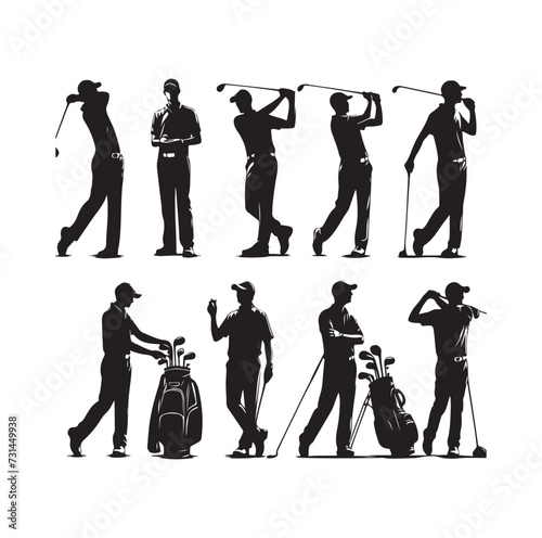 Golf player and icon silhouettes vector illustration set
