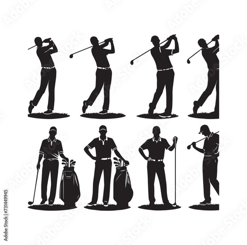 Golf player and icon silhouettes vector illustration set