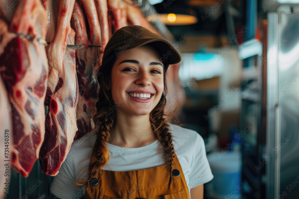 Butcher woman or meat saleswoman smiling and standing next to hanging carcasses