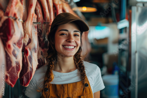 Butcher woman or meat saleswoman smiling and standing next to hanging carcasses photo