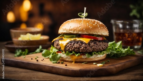 Cheeseburger with beef patty  lettuce  tomato  and onion on a wooden background  creating a delicious fast-food meal