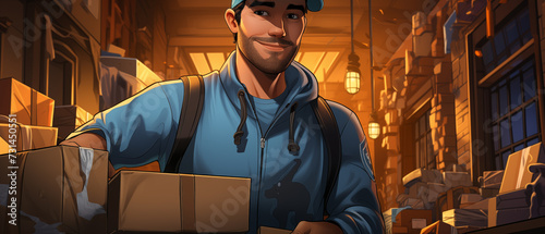 Illustration of Delivery man Holding Box. Smiling and Looking into camera. Anime Cartoon Style. banner 