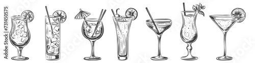 Alcoholic drinks set. Glass of margarita, brandy, vermouth, whiskey, cocktail, LIQUOR, vodka, tequila, cocktail umbrella Isolated black and white vintage engraving. Hand drawing. Vector illustration