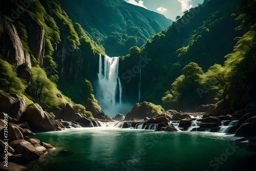 Majestic waterfalls flowing gracefully down sun-drenched cliffs amidst a backdrop of lush, verdant mountains.