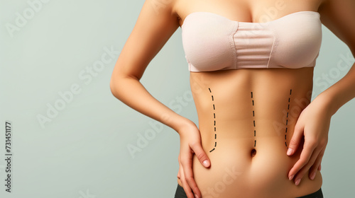 Attractive woman with dashed lines on flat stomach, light background