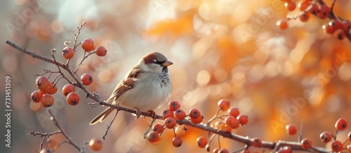 A perching bird with feathers sits on a branch of a tree adorned with berries.