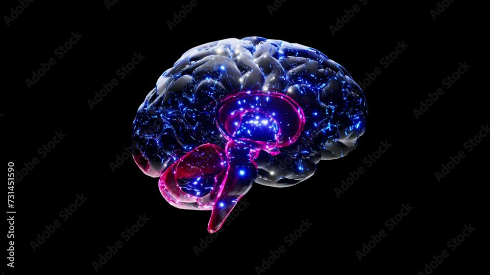 Brain digital color. Neuron connections. Futuristic medical technology concept. Animation Seamless loop and Alpha Channel. 3D Render.