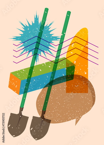 Risograph Spade, Shovel with speech bubble with geometric shapes. Objects in trendy riso graph print texture style design with geometry elements.