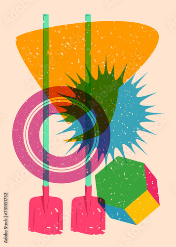 Risograph Spade, Shovel with speech bubble with geometric shapes. Objects in trendy riso graph print texture style design with geometry elements.