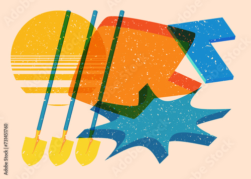 Risograph Spade, Shovel with speech bubble with geometric shapes. Objects in trendy riso graph print texture style design with geometry elements.