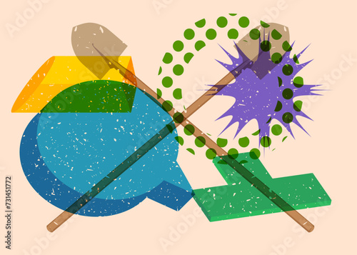 Risograph Spade, Shovel with speech bubble with geometric shapes. Objects in trendy riso graph print texture style design with geometry elements.