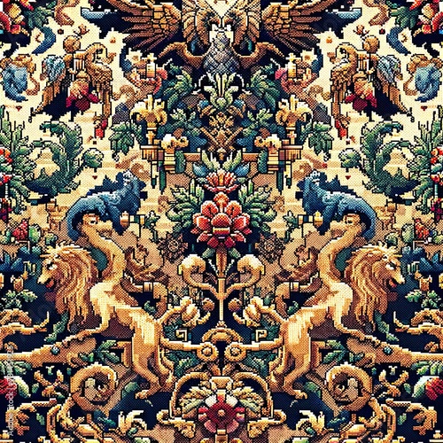 seamless pixel art pattern traditional tapestry motif floral designs and elements reminiscent of mythical creatures or medieval scenes