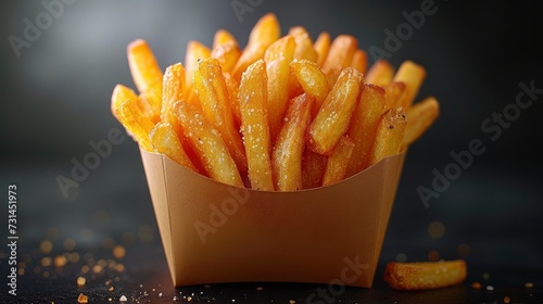Crispy French Fries in Paper Wrapper on Table on black background.