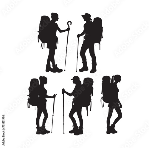 Male and female hiker set. hiking man and woman with rucksacks silhouette. Backpacker and climber people.