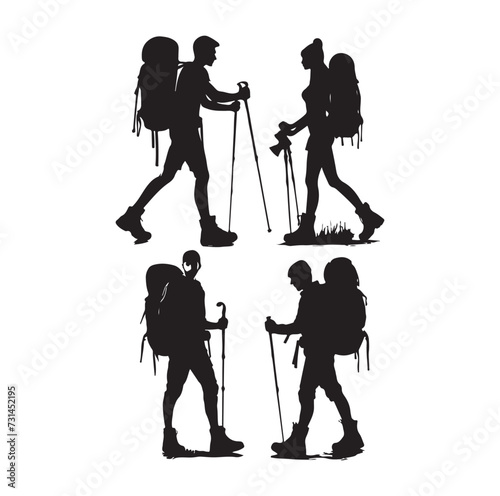 Male and female hiker set. hiking man and woman with rucksacks silhouette. Backpacker and climber people.