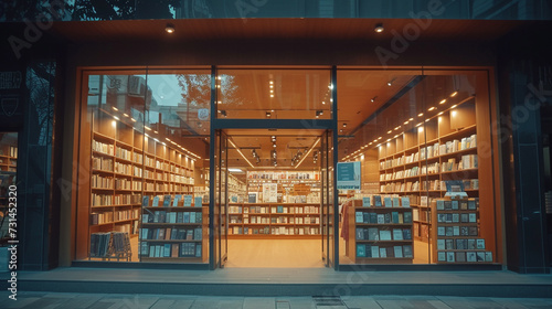 Front view of a modern bookstore, spacious, welcoming, organized, bright, metropolitan, DSLR. Telephoto lens, dusk, urban photography, color film.