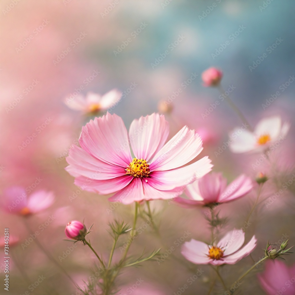 pastel color cosmos flower background. background for poster, banner, web, social media. ai generative design