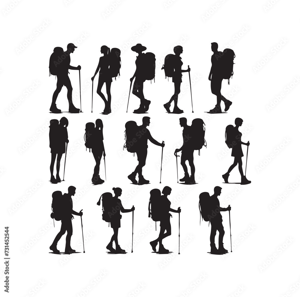 Obraz premium Male and female hiker set. hiking man and woman with rucksacks silhouette. Backpacker and climber people.