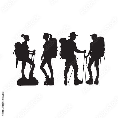 Male and female hiker set. hiking man and woman with rucksacks silhouette. Backpacker and climber people.
