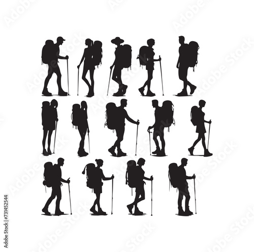 Male and female hiker set. hiking man and woman with rucksacks silhouette. Backpacker and climber people.