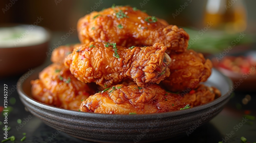 Delicious Crispy Fried Chicken on a round black plate on the table. close view.