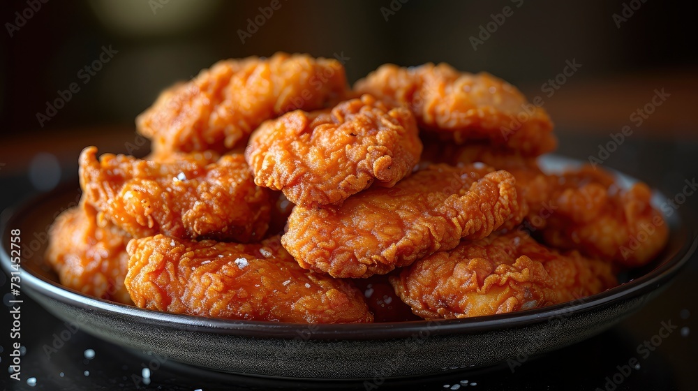 Delicious Crispy Fried Chicken on a round black plate on the table. close view.