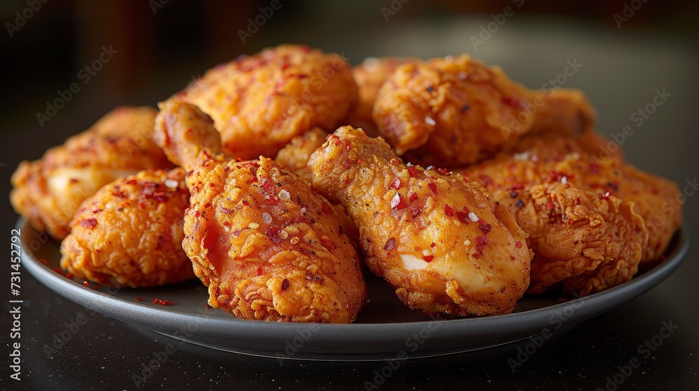 Pile of Delicious Crispy Fried Chicken on a round plate on the table. Pile of Delicious Crispy Fried Chicken on a round plate on the table.