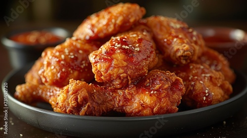 Crispy Fried Chicken drizzled with sauce and sprinkled with sesame on a round black plate on the table.
