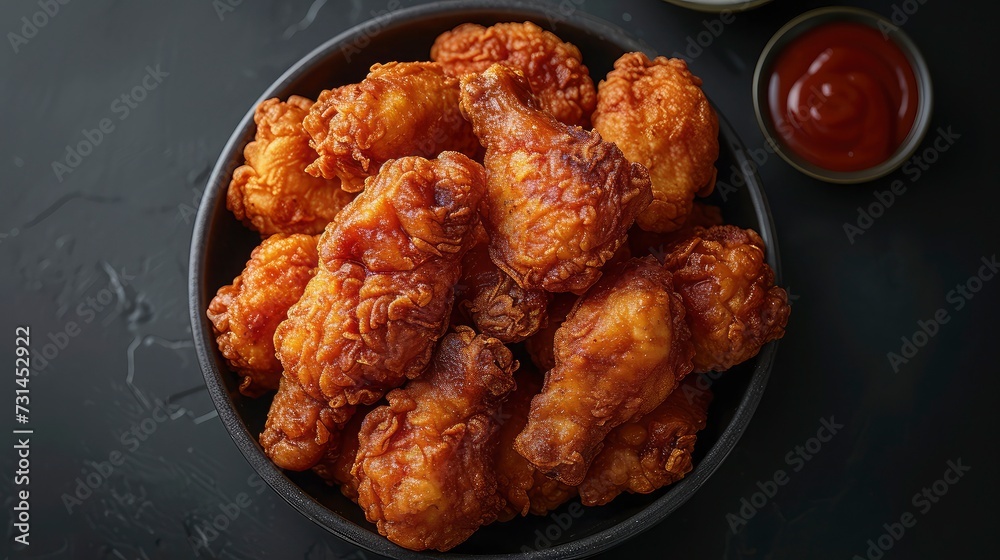 Crispy Fried Chicken in a bowl ready to be served. top view. Crispy Fried Chicken in a bowl ready to be served. top view.