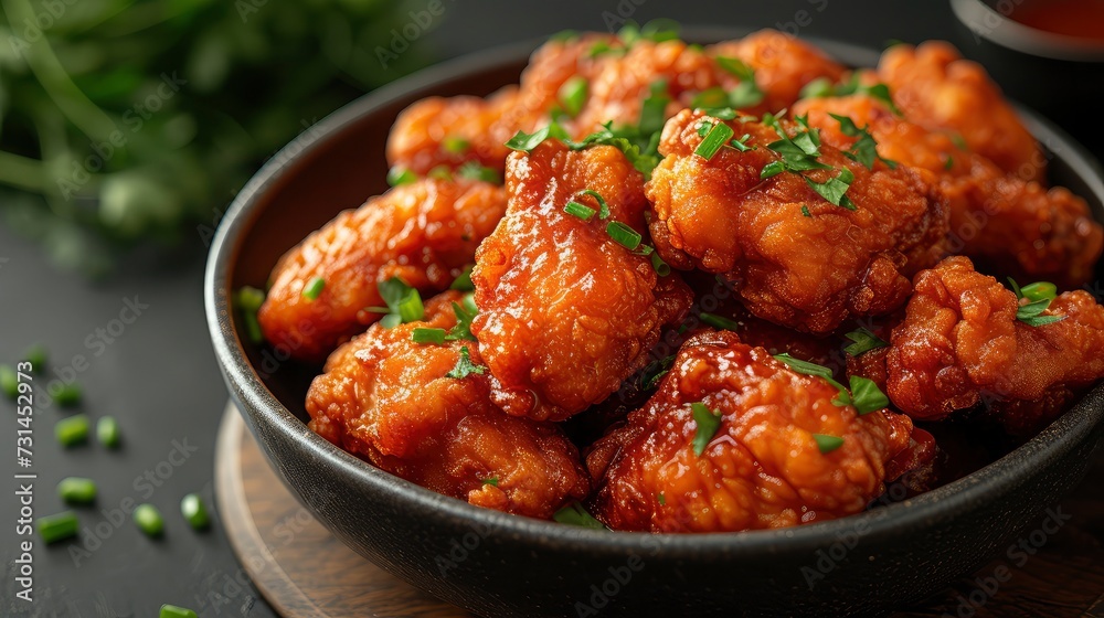 Delicious Fried Chicken sprinkled with celery, salt, parsley, on a plate ready to be served.